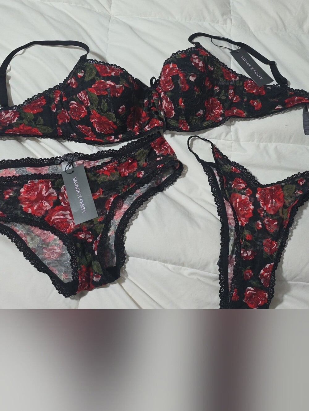 Savage X Fenty Black Lace Bra & Red Rose Print Briefs & Bikini Set